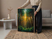 Giant Sequoia Tree Poster, Lush Green Forest Nature Decor - Golden Summer Sun Ray