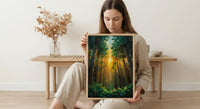 Giant Sequoia Tree Poster, Lush Green Forest Nature Decor - Golden Summer Sun Ray