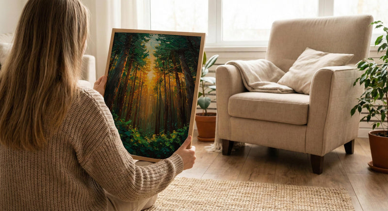 Giant Sequoia Tree Poster, Lush Green Forest Nature Decor - Golden Summer Sun Ray