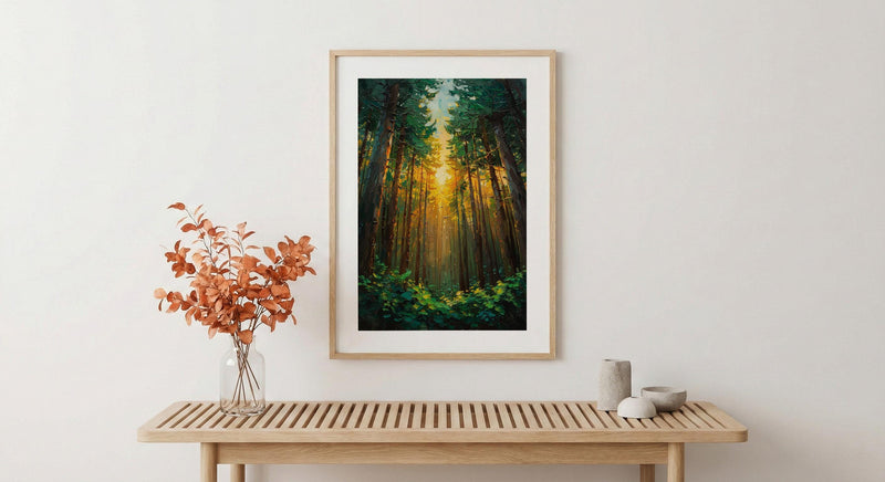 Giant Sequoia Tree Poster, Lush Green Forest Nature Decor - Golden Summer Sun Ray