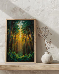 Giant Sequoia Tree Poster, Lush Green Forest Nature Decor - Golden Summer Sun Ray