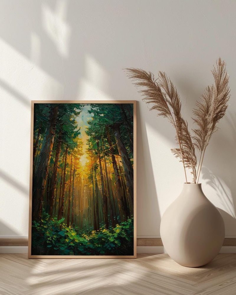 Giant Sequoia Tree Poster, Lush Green Forest Nature Decor - Golden Summer Sun Ray