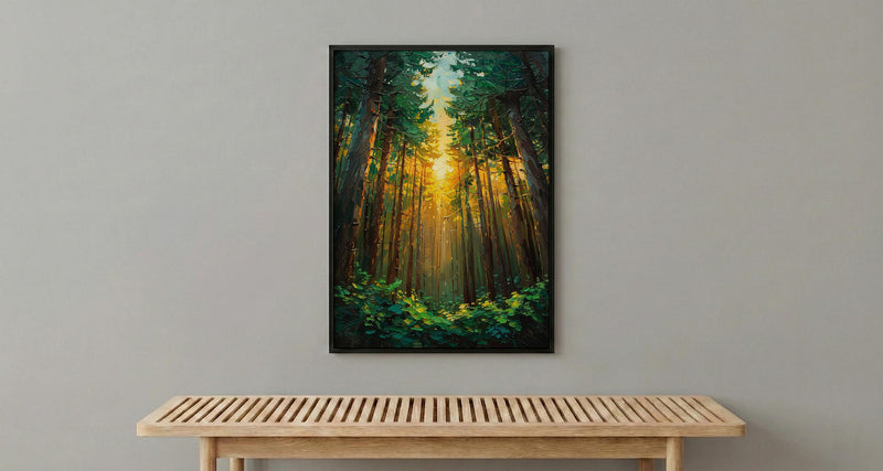 Giant Sequoia Tree Poster, Lush Green Forest Nature Decor - Golden Summer Sun Ray