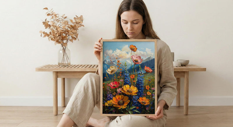 Rocky Mountain Nature Poster, Colorful Wildflower Meadow Summer Decor - Majestic Peak Landscape Art