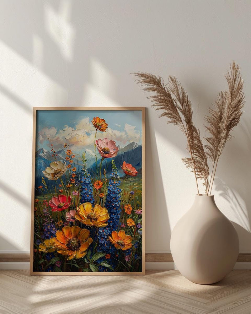 Rocky Mountain Nature Poster, Colorful Wildflower Meadow Summer Decor - Majestic Peak Landscape Art