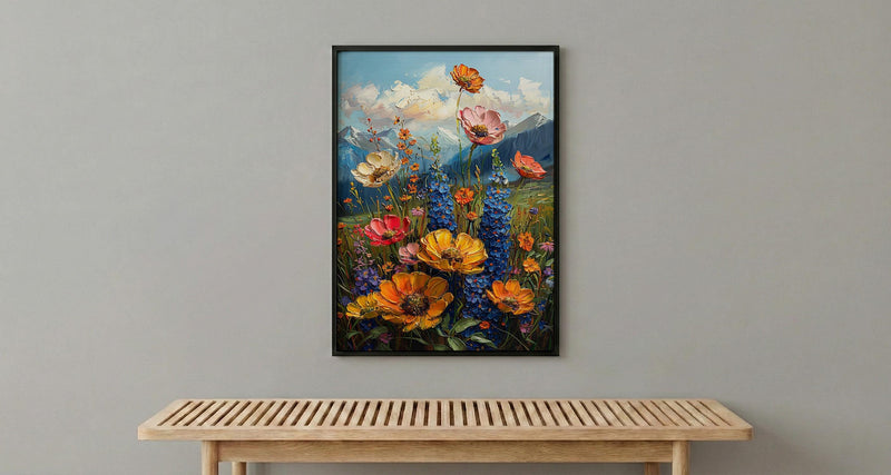 Rocky Mountain Nature Poster, Colorful Wildflower Meadow Summer Decor - Majestic Peak Landscape Art