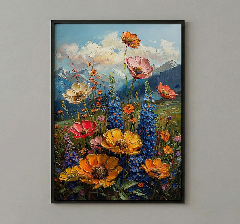Rocky Mountain Nature Poster, Colorful Wildflower Meadow Summer Decor - Majestic Peak Landscape Art