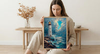 Acadia National Park Art Print, Maine Coast Lighthouse Decor - Crashing Ocean Wave Summer