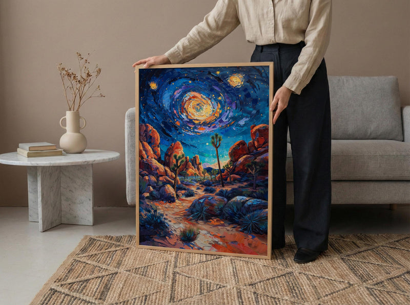 Joshua Tree Desert Wall Art, California Starlit Sky Decor - Glowing Night Nature Landscape
