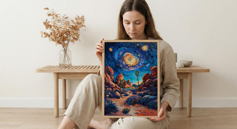 Joshua Tree Desert Wall Art, California Starlit Sky Decor - Glowing Night Nature Landscape