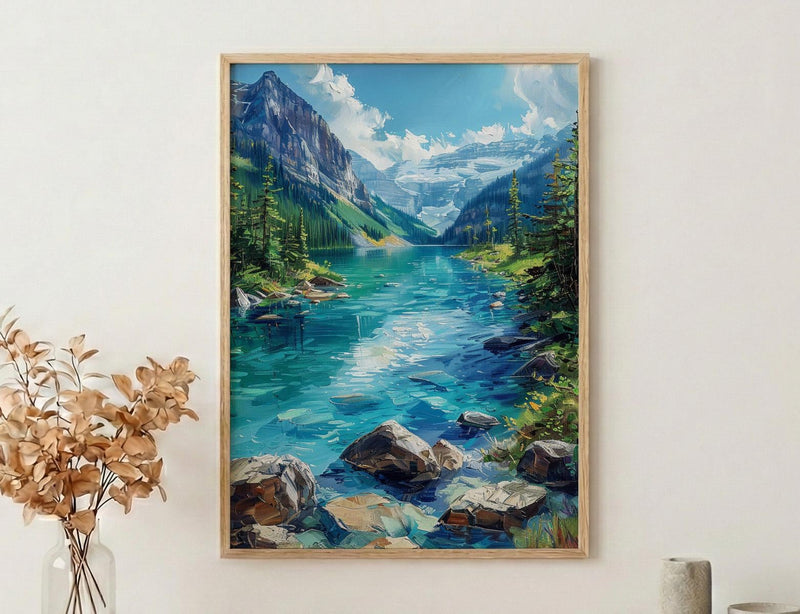 Lake Louise Canadian Rockies Poster, Emerald Green Water Decor - Bright Summer Mountain Landscape