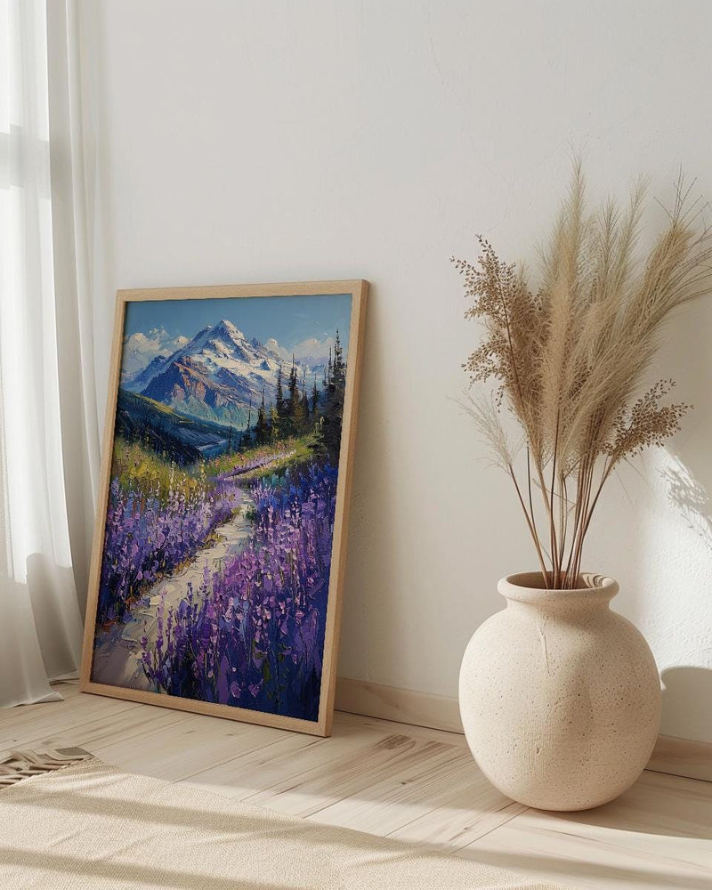 Mount Rainier Nature Art Print, Washington Wildflower Valley Decor - Purple Lupine Summer Bloom