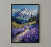 Mount Rainier Nature Art Print, Washington Wildflower Valley Decor - Purple Lupine Summer Bloom