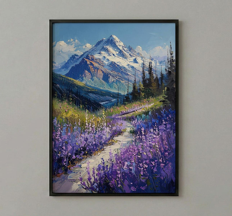 Mount Rainier Nature Art Print, Washington Wildflower Valley Decor - Purple Lupine Summer Bloom