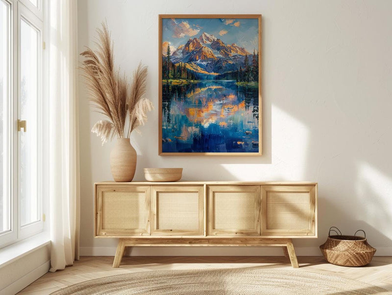 Grand Teton National Park Poster, Wyoming Mountain Lake Decor - Calm Summer Morning Landscape