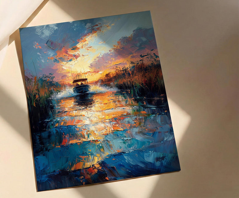 Florida Everglades Swamp Art Print, Tropical Green Nature Decor - Fast Airboat Summer Action