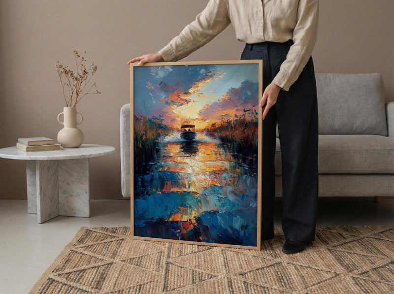 Florida Everglades Swamp Art Print, Tropical Green Nature Decor - Fast Airboat Summer Action