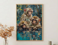 Japanese Macaque Art, Hot Spring Decor - Lush Green Forest Print