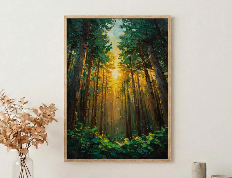 Giant Sequoia Tree Poster, Lush Green Forest Nature Decor - Golden Summer Sun Ray