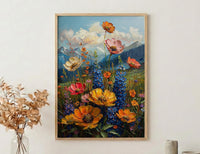 Rocky Mountain Nature Poster, Colorful Wildflower Meadow Summer Decor - Majestic Peak Landscape Art