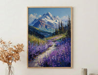 Mount Rainier Nature Art Print, Washington Wildflower Valley Decor - Purple Lupine Summer Bloom