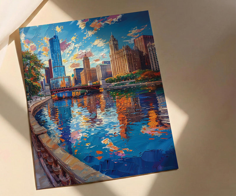 Chicago Cloud Gate Art Print, Millennium Park City Decor - Skyline Reflection Summer Sky