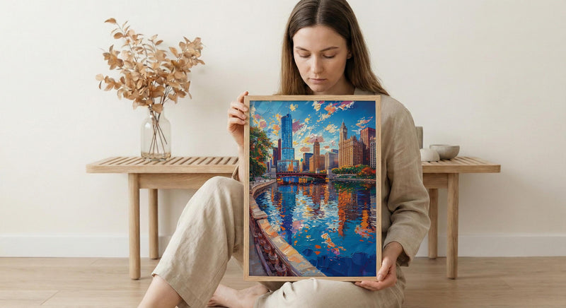 Chicago Cloud Gate Art Print, Millennium Park City Decor - Skyline Reflection Summer Sky