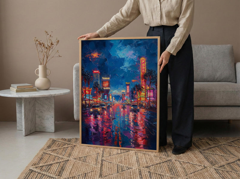Las Vegas Strip Wall Art, Glowing Neon City Decor - Warm Summer Night Skyline