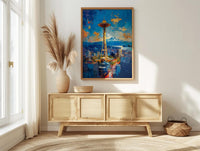 Seattle Space Needle Poster, Washington State City Skyline Decor - Mount Rainier Summer View