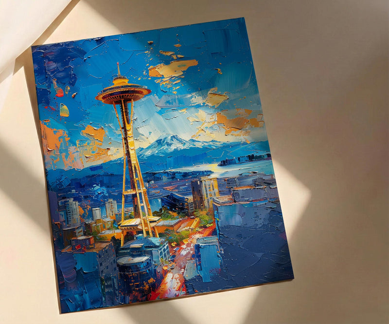 Seattle Space Needle Poster, Washington State City Skyline Decor - Mount Rainier Summer View