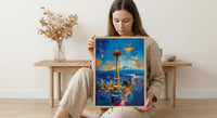 Seattle Space Needle Poster, Washington State City Skyline Decor - Mount Rainier Summer View