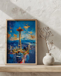 Seattle Space Needle Poster, Washington State City Skyline Decor - Mount Rainier Summer View