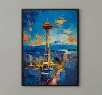 Seattle Space Needle Poster, Washington State City Skyline Decor - Mount Rainier Summer View