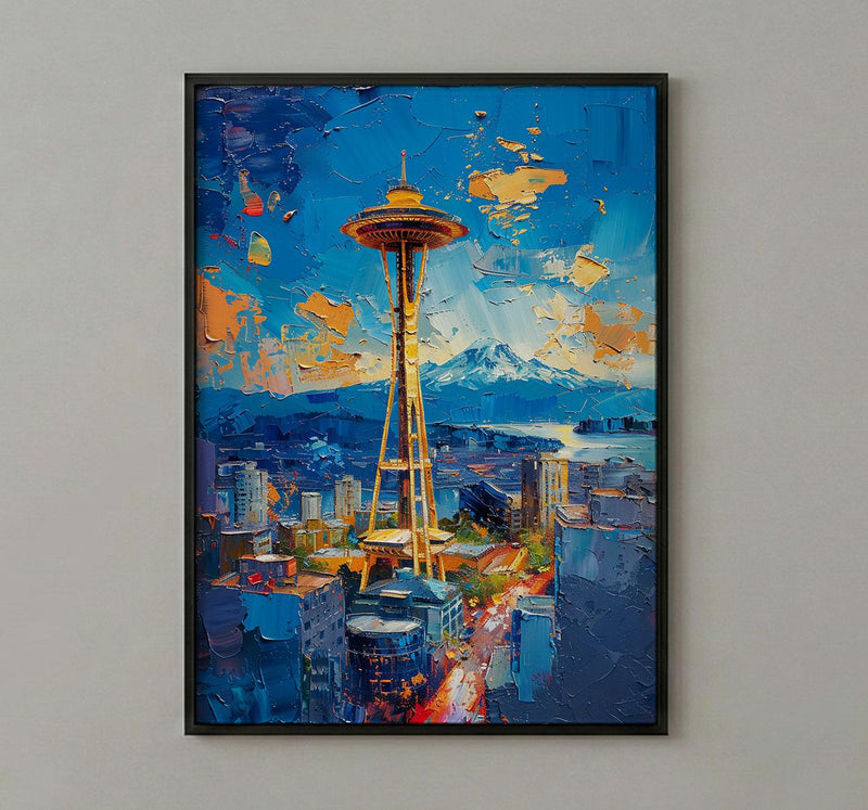 Seattle Space Needle Poster, Washington State City Skyline Decor - Mount Rainier Summer View