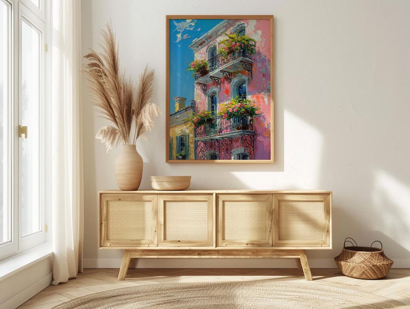 New Orleans French Quarter Poster, Historic Louisiana City Decor - Iron Balcony Summer Morning