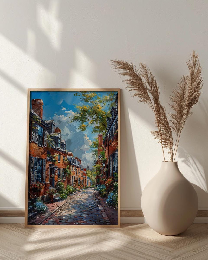 Boston Beacon Hill Art Print, Historic Cobblestone Street Decor - Charming Brick House Summer