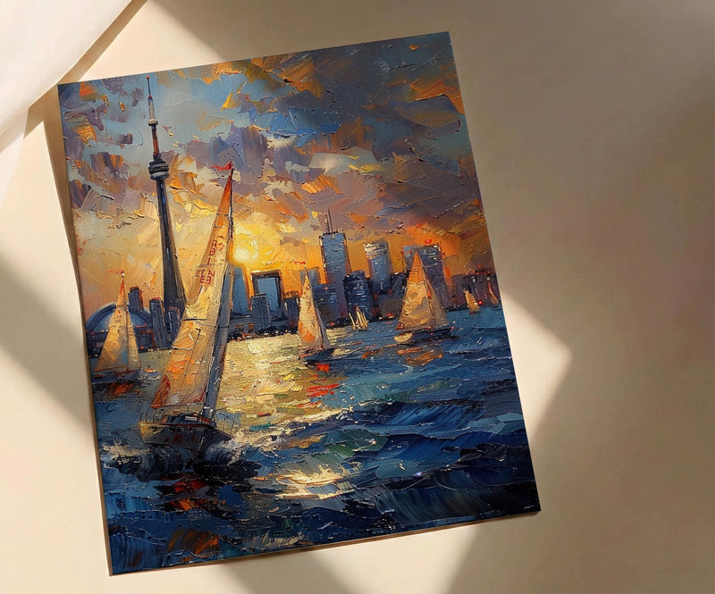 Toronto City Skyline Wall Art, Canada Modern Architecture Decor - Lake Ontario Summer Sailboat
