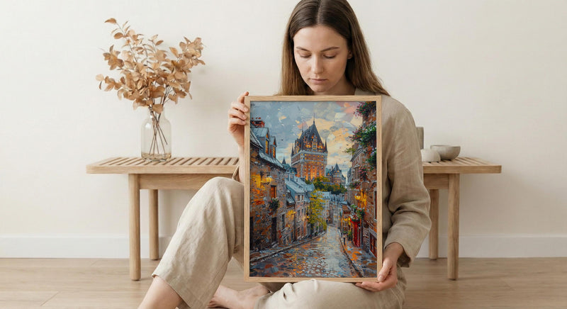 Quebec City Castle Poster, Historic Canadian Architecture Travel Decor - Cobblestone Street Summer View