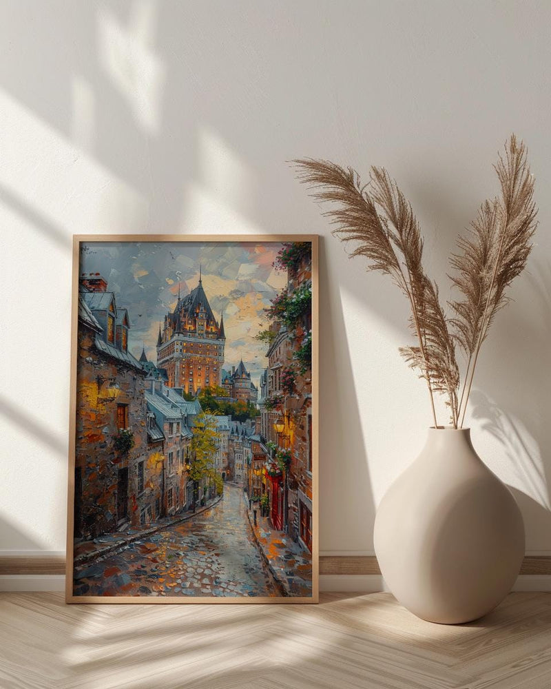 Quebec City Castle Poster, Historic Canadian Architecture Travel Decor - Cobblestone Street Summer View