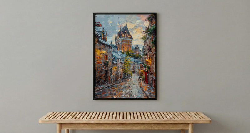Quebec City Castle Poster, Historic Canadian Architecture Travel Decor - Cobblestone Street Summer View