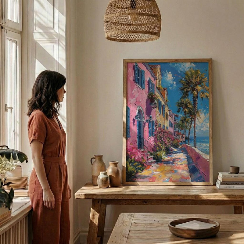 Charleston Rainbow Row Art Print, Pastel Historic House Decor - Swaying Palm Tree Summer