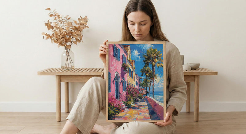 Charleston Rainbow Row Art Print, Pastel Historic House Decor - Swaying Palm Tree Summer