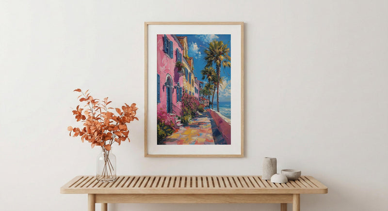 Charleston Rainbow Row Art Print, Pastel Historic House Decor - Swaying Palm Tree Summer
