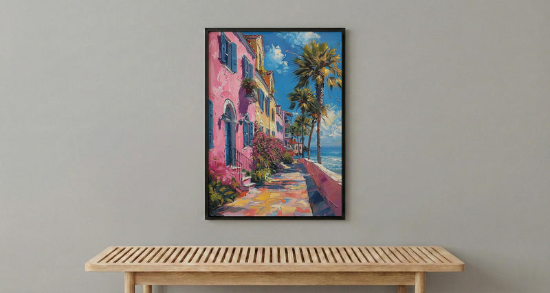 Charleston Rainbow Row Art Print, Pastel Historic House Decor - Swaying Palm Tree Summer