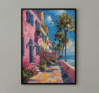 Charleston Rainbow Row Art Print, Pastel Historic House Decor - Swaying Palm Tree Summer