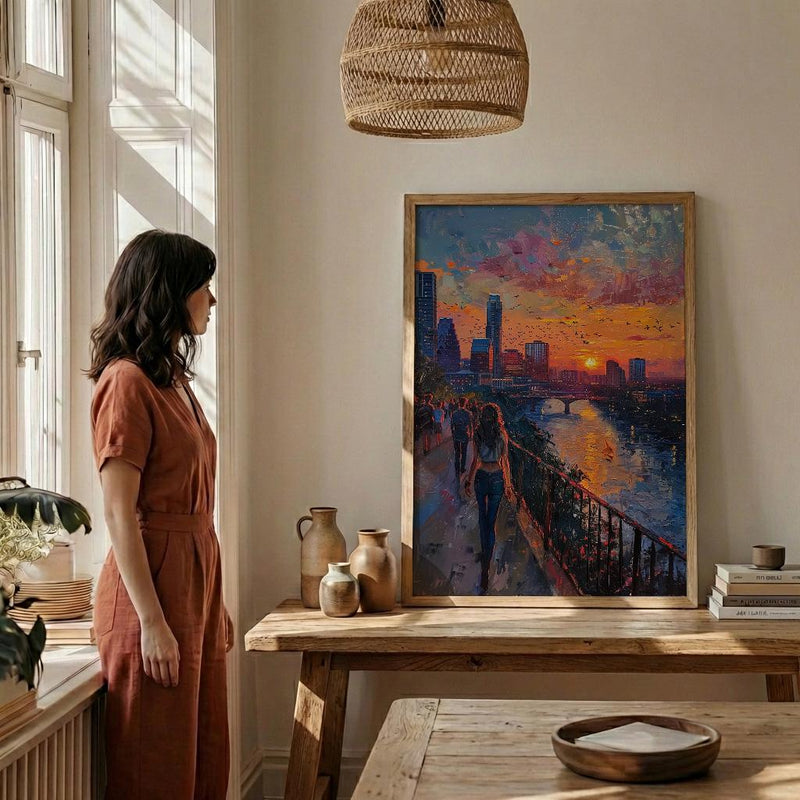 Austin City Skyline Art Print, Texas Summer Night Decor - Golden Sunset River Landscape
