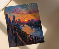 Austin City Skyline Art Print, Texas Summer Night Decor - Golden Sunset River Landscape