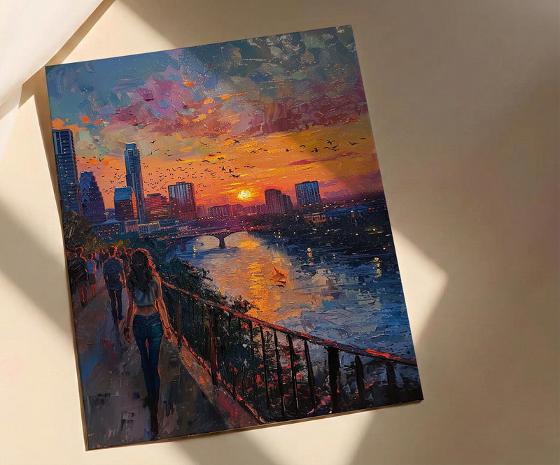 Austin City Skyline Art Print, Texas Summer Night Decor - Golden Sunset River Landscape