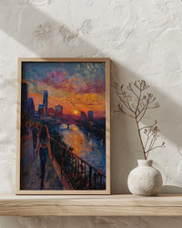 Austin City Skyline Art Print, Texas Summer Night Decor - Golden Sunset River Landscape