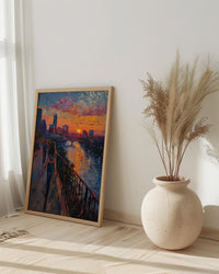 Austin City Skyline Art Print, Texas Summer Night Decor - Golden Sunset River Landscape